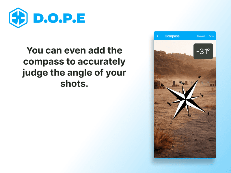 DOPE compass overlay on shooting range showing heading angle for shot positioning